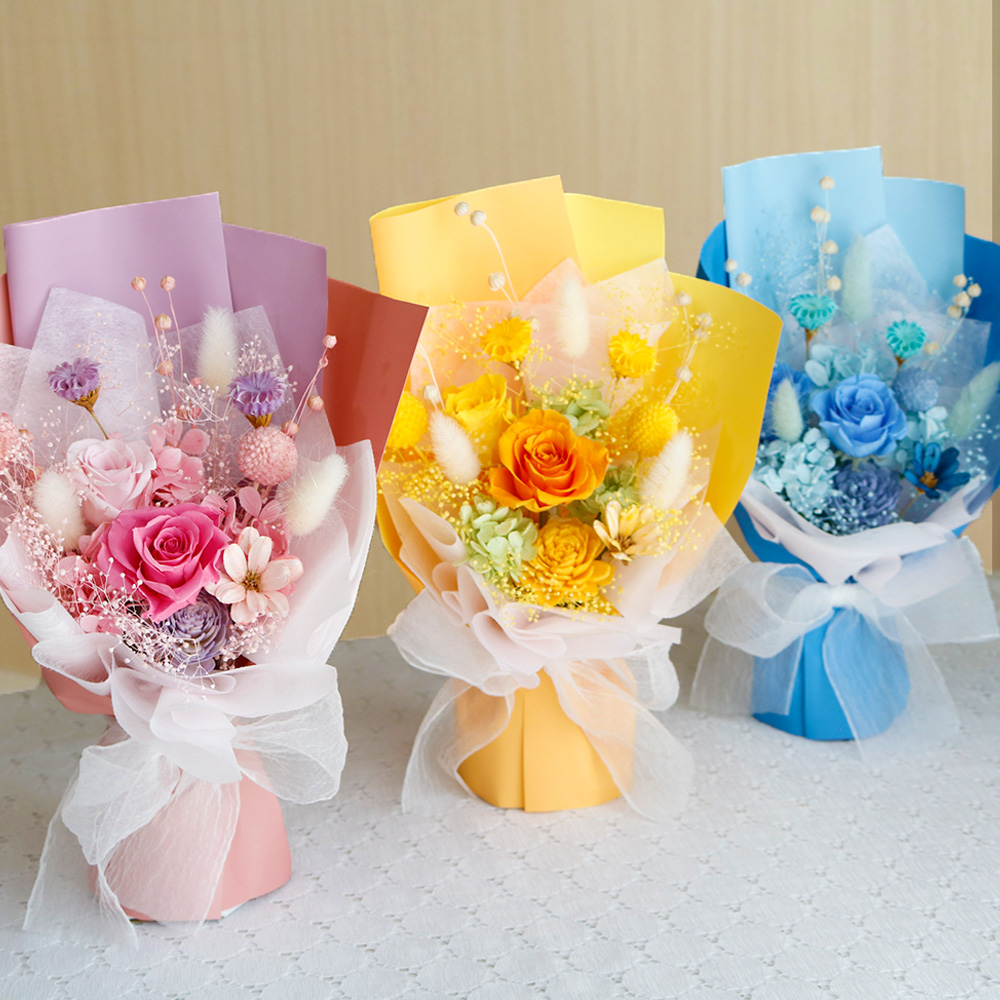 スタンドブーケ-HAPPY-(ピンク・ブルー・イエロー)/花束プリザーブドフラワー