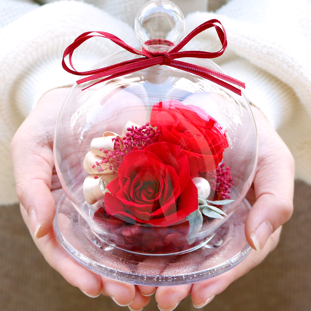 ガラスドーム-フィオーレ-(レッド) /プリザーブドフラワー