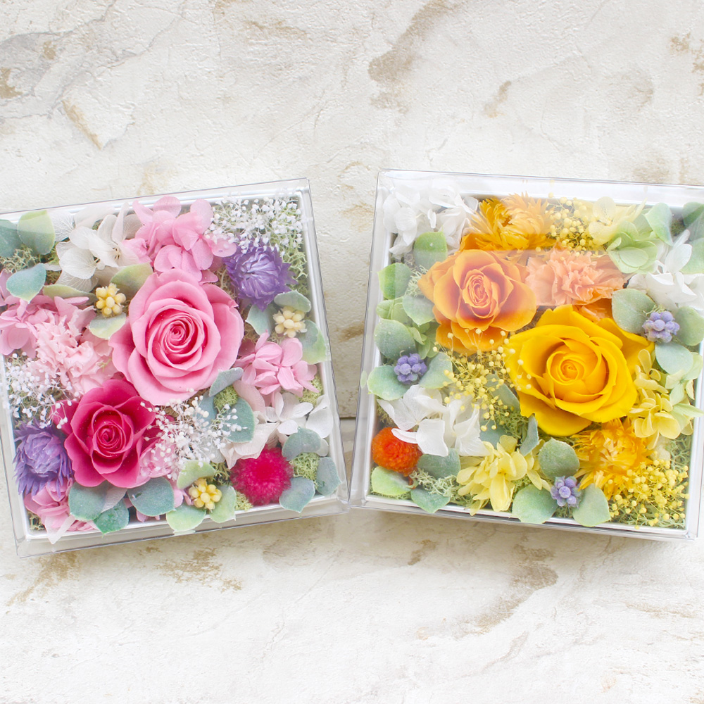 BOXフラワー お花のお便り(ピンク/イエロー)/プリザーブドフラワー