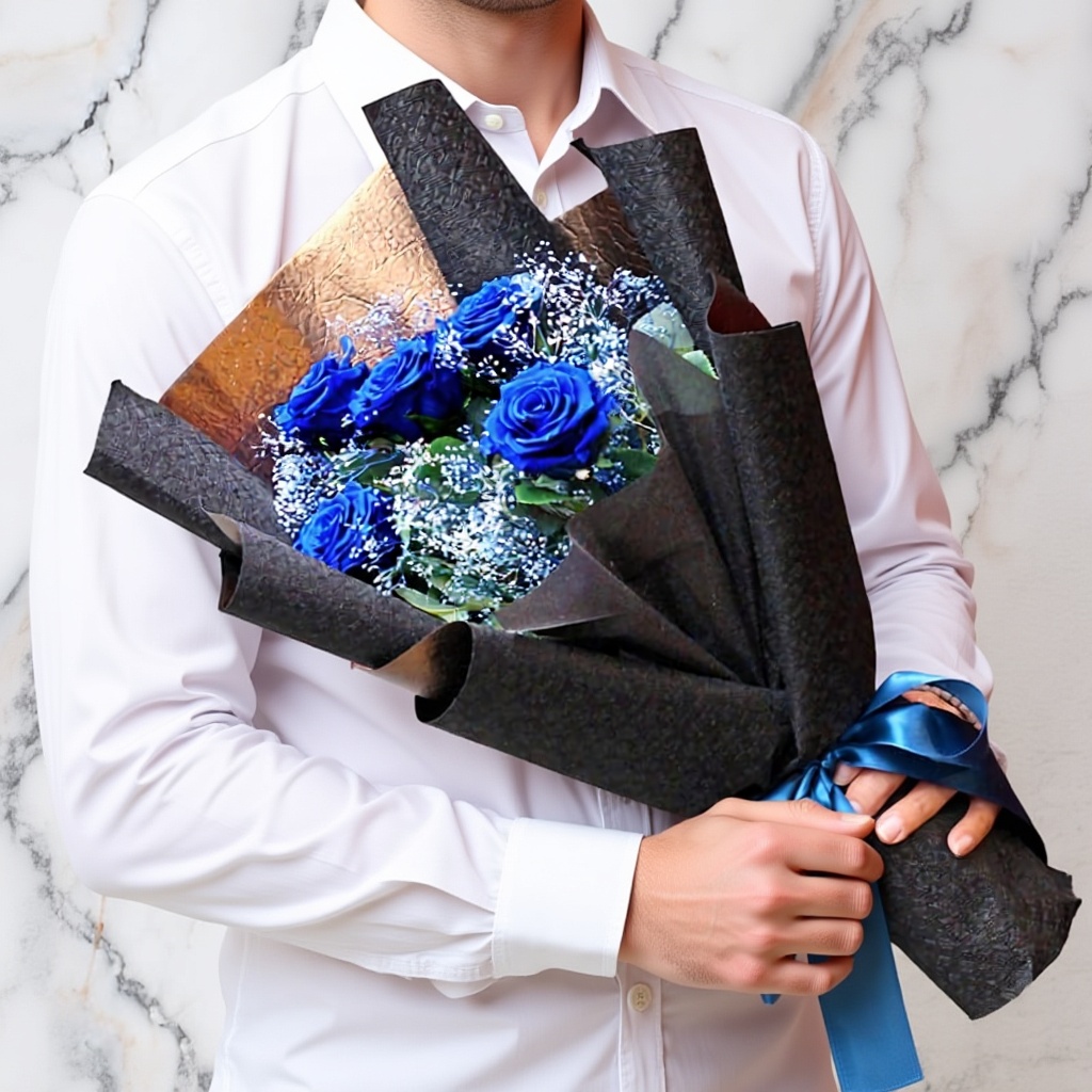 go with(ブルー)/青バラ5本の花束プリザーブドフラワー