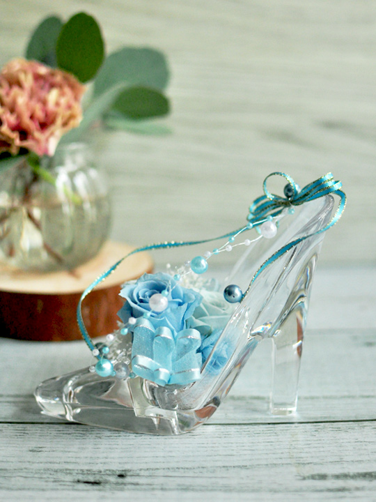 プリザーブドフラワー ガラスの靴 ブルー シンデレラ バラ プロポーズ 通販