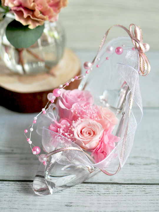 プリザーブドフラワー ガラスの靴 バラ ピンク シンデレラ 彼女 サプライズ