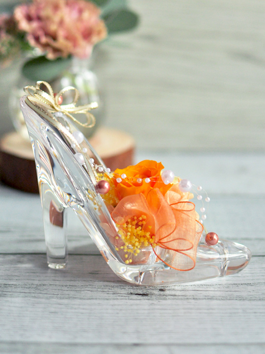 プリザーブドフラワー ガラスの靴 黄色 オレンジ プロポーズ 誕生日 記念日 シンデレラ