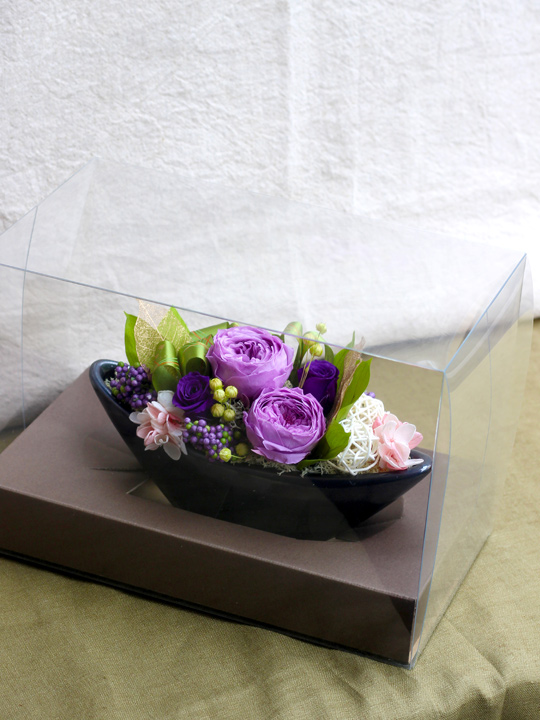 プリザーブドフラワー クリアケース入り 紫 和風 古希 喜寿 誕生日 アレンジメント