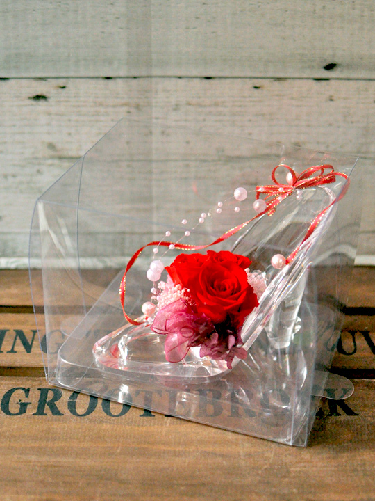 プリザーブドフラワー クリアケース付き ガラスの靴 シンデレラ　赤バラ プロポーズ サプライズ