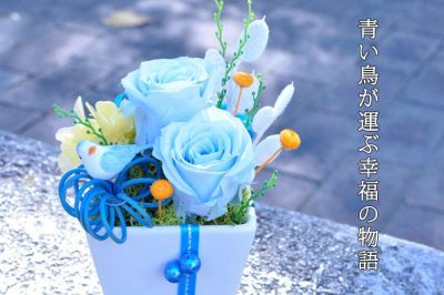ライトブルーのバラと青い小鳥のプリザーブドフラワー