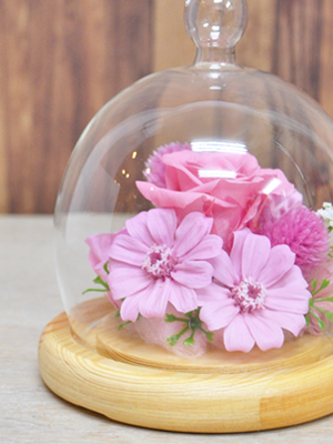 ガラスドームの中にピンク色のお花が入ったアレンジメント